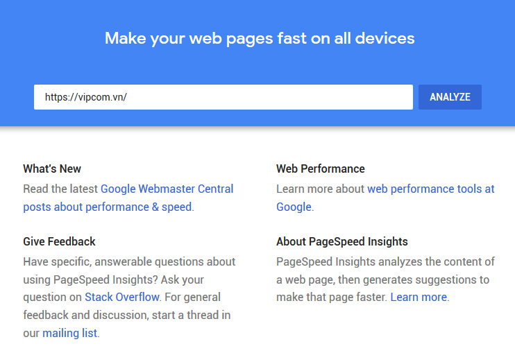 Kiểm tra tốc độ tải trang với Google PageSpeed Insights